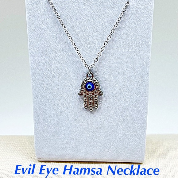 Evil Eye Hamsa Necklace in Stainless Steel, NWT, Gift Box, 14” to 18” - Picture 2 of 6